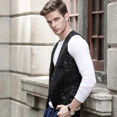 Mens Glitter Sequin Vest Vintage V-Neck Costume Blazer Jacket Disco Dance Party • $8.19