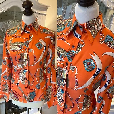 CHENASKI Blouse 70s-style Ltd Edition 1620 Paris Design Orange Mix - Size M/12 • £19.50