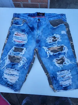 Roar Jean Shorts Grunge Distressed Size 38/13.5 Used Camo Mens • $25
