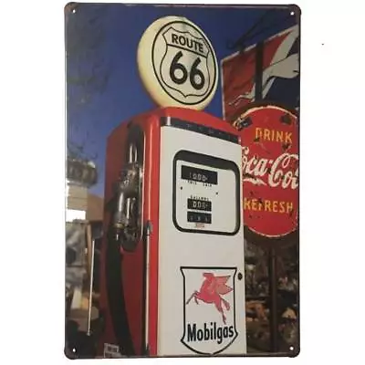 Coca Cola Coke Mobilgas Route 66 Pump Tin Sign Garage Man Cave 30cmx20cm - New • $17.95