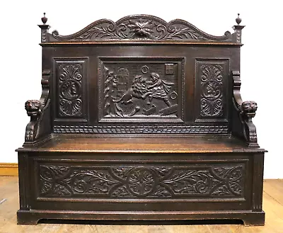 Large Antique Heavily Carved Greenman Oak Monks Storage Bench - Settle • £995