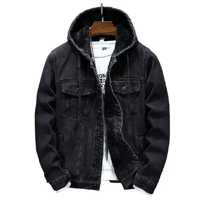 Mens New Denim Jacket Fleece Lined New Warm Outer Wear With Fleece Hood XS S M L • $82.95