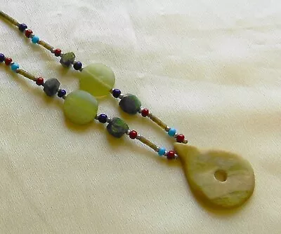 Vintage Artisan MC Jade Gemstone Pendant Gemstone Bead Necklace L16  • $44.99