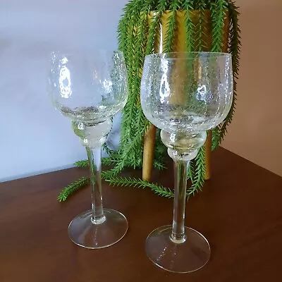 2 X Crackle Glass Tall Stemmed Candle Holders - Votive - Tea Lights - Good Cond. • £12