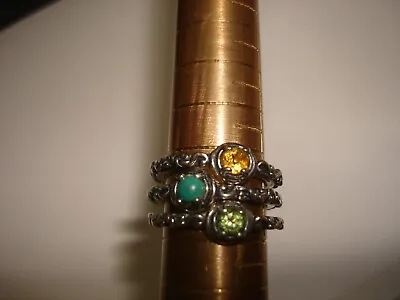 Vintage 925 Sterling Silver Lot 3 Pc Green Blue Orange Stones Ring Signet Size 7 • $69.95