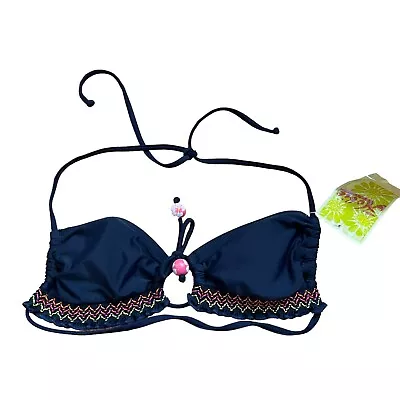 Hobie Bikini Top Large Navy Blue Pink Wood Beads Halter Swimsuit Swim Bathing • $14.99