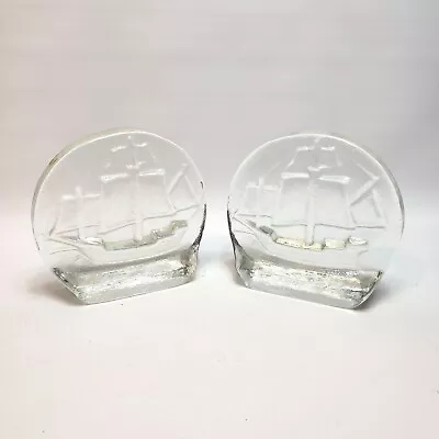 $37.99 • Buy Blenko Glass Ship Sea Boat Bookends Paper Weights Heavy Solid Set 5¾ Inches 