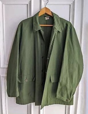 Vintage Green Cotton Twill Chore Jacket Shirt C48 Pit To Pit 25 Inches Mens L/XL • £30