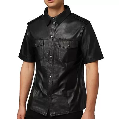 Men's Black Leather Shirt Real Soft Lambskin Biker Slim Fit Shirt Short Sleeves • $118.99