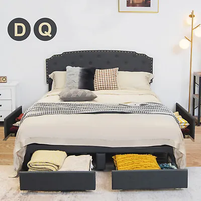 Giantex Bed Frame W/ 4 Storage Drawers & Adjustable Headboard Queen Double Grey • $309.95