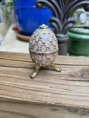 Bejeweled Faberge Egg Light Pink Hinged Metal Enameled Crystal Trinket Box • $9.34