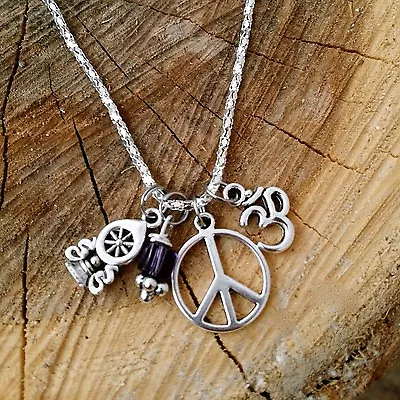 $28.99 • Buy  Love OM Dharma Wheel Peace Sign Amethyst Crystal Silver Charm Cluster Necklace