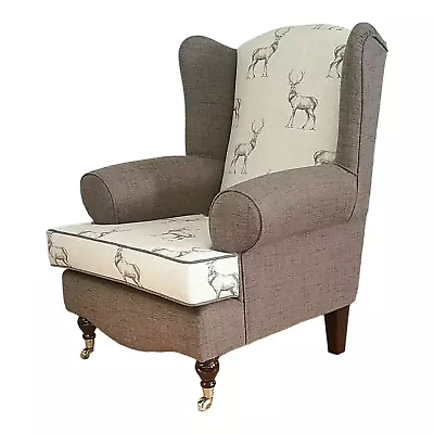 Queen Anne Wing Back Cottage Chair Stag Print & Brown Contrast Fabric Dark Legs • £479