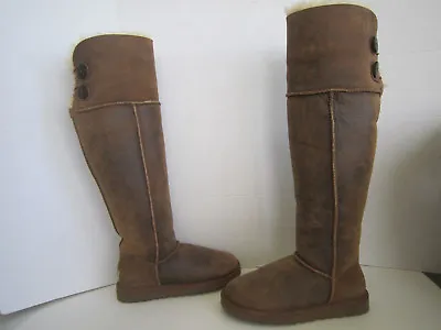   Ugg Over The Knee Bailey Button Bomber Jacket Chestnut Boots Sz 5 • $420