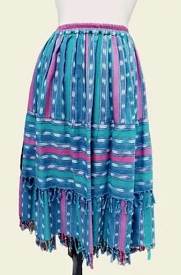 Ladies Vintage Large Southwest Blue Fringed Cotton Tapestry Skirt Layered  • $34.90