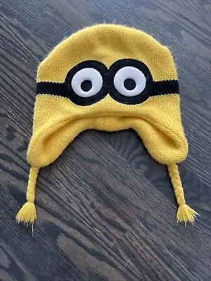 DESPICABLE ME Minion BEANIE Hat Yellow Logo Ear Flaps Winter Knit Youth Tassels • $5