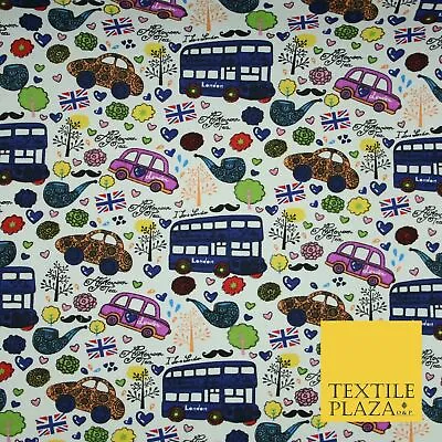 White LONDON Theme Bus Taxi Union Jack Printed Cotton Canvas Fabric 58  4135 • £1.50