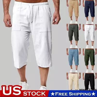 Mens 3/4 Length Linen Sports Shorts Elastic Waist Loose Casual Solid Capri Pants • $17.09