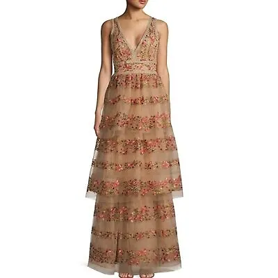 $1595 MARCHESA NOTTE Anthro Butterfly Embroidered Gold Tiered Maxi Dress 6 S NWT • $881.99