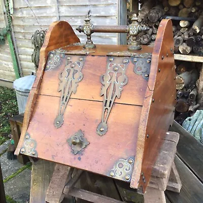 Antique Victorian Walnut Purdonium Coal Box Celtic Brass Detail Removable Liner • £125