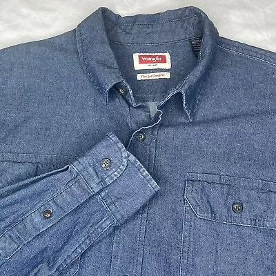 Wrangler Shirt Mens Sz L Vintage 80s’s Denim Blue Chambray Western Button Flex • $15.99