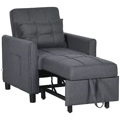 HOMCOM Pull Out Chair Bed Sleeper Chair With Pillow Side Pockets Grey • £199.99