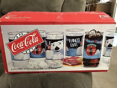 Set Of 8 Indiana Glass Coca Cola Coke Polar Bear 16 Oz Tumblers Vintage 1995 • $20.90