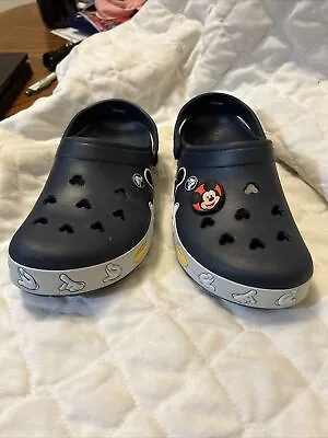 Disney Crocs Mickey Mouse Navy Blue Clogs Sandals Mens 7 Women’s Sz 9 Ex Cond • $35