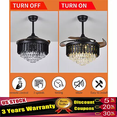 42  Invisible Ceiling Fan Light LED Chandelier Lamp W/ Remote Black Crystal New • $115