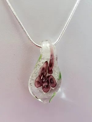 Murano Glass Purple Flower Teardrop Pendant On 925 Sterling Silver Necklace • £10