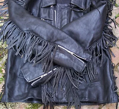 Black Leather Biker Motorcycle Jacket YKK Zippers Fringe Epaulets XL 52 Chest • $129