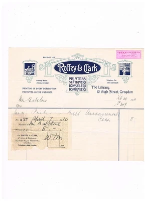 £5 • Buy Croydon, Roffey & Clark, Printers, 1910 Billhead With Receipt