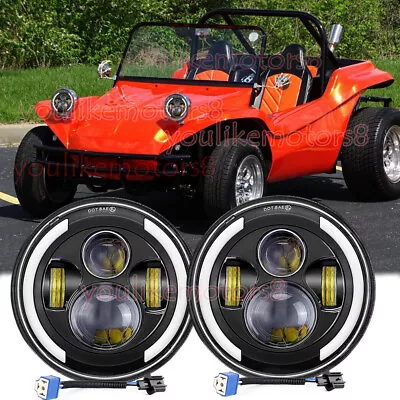 2pcs Fit VW Dune Buggy / Rail Buggy 7'' Round LED Headlights HALO DRL Hi/Lo Beam • $36.11