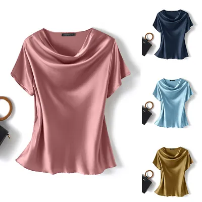 $20.89 • Buy Womens Satin Silky Ladies Tops Short Sleeve Cowl Neck Loose Party Club T Shirts
