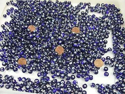$30 • Buy Two Pounds Blue Round India Handmade Evil Eye Glass Beads Bulk (8x9mm) (RPC-70)