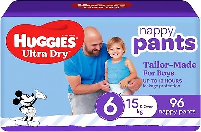 Huggies Ultra Dry Nappy Pants Boy Size 6 (15Kg And Over) 96 Count • $96.99