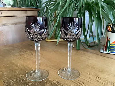2 Bohemian Crystal Dark Ruby / Plum Cut To Clear Facet Stem Wine Glasses 7.3/8  • £25
