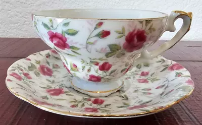 Vintage Lefton Hand Painted Pink China Rose Chintz Tea Cup & Saucer 662R • $12.50