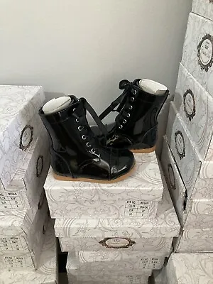 Couche Tot Girls Uk 5 Eur 22 Black Leather Ribbon Lace Derby Boots • £15