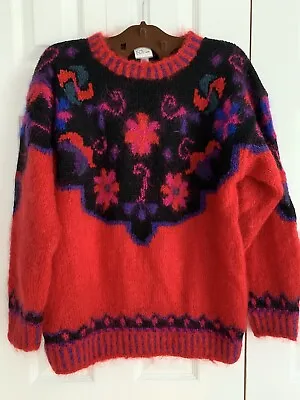 Vintage Icelandic Design Sweater Women Red Mohair Wool Fuzzy Cozy S/M • $32