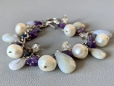 Sterling Silver 925 Cha Cha Dangle Bracelet Amethyst Pearl Moonstone Quartz 7.5  • $29.99