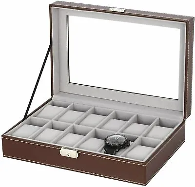 12 Slots Watch Box Luxury Case Display Organizer Jewelry Storage With Glass Top • $18.99