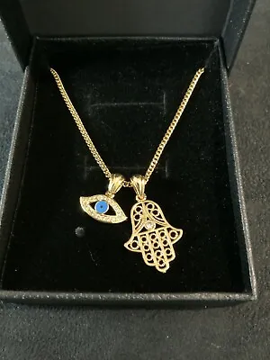 18K 18Ct Gold Filled Chain Necklace With Lucky Hamsa Hand & Evil Eye & Ref:-1 • £13.99
