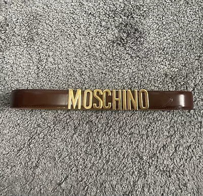 MOSCHINO Vintage Couture Milano Leather Belt Gold Lettering Buckle Size 48 • $90