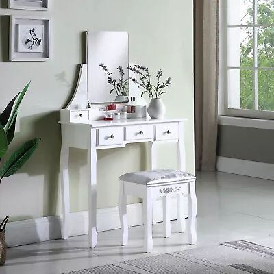 Moderen White Dressing Table With Mirror 5 Drawers Stool Makeup Desk Bedroom • £67.99