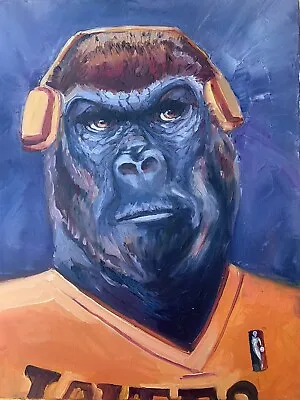 Funny Gorilla In Headphones Apple Basketball Oil Painting  16”by 20”on Canvas • $90