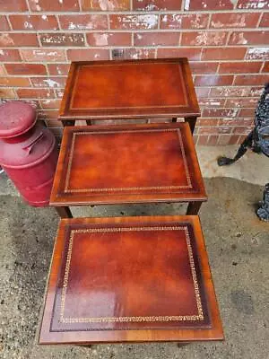 3 Vintage Mahogany & Leather Nesting Tables Plant Fern Stands HENRENDEN • $299.99