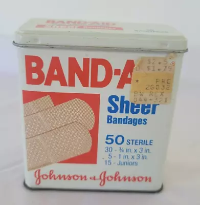 Vintage 1983 Band-Aid Metal Tin Box Hinged Lid Johnson & Johnson 50 Sheer EMPTY • $11.99