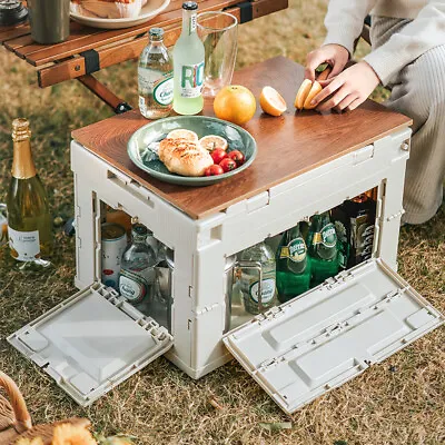 Outdoor Camping Folding Organiser Box Car Boot Storage Container With Wooden Top • £22.95