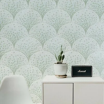 Mint Green White Tan Brass Metallic Faux Scale Mosaic Tiles Textured Wallpaper • $3.90